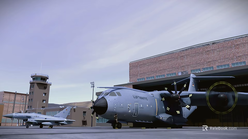 Military Fighter Jet Parked On Airport Tarmac With Hangar And Control Tower View 3d model 