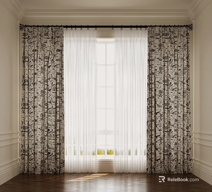 Floral Pattern Curtains With White Sheer Layers And Window Greenery View 3d model