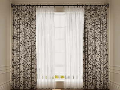 Floral Pattern Curtains With White Sheer Layers And Window Greenery View 3d model
