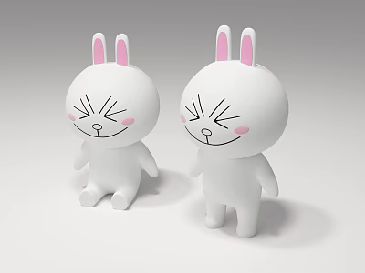 Cute White Rabbit Dolls with Pink Ears and Blush Cheeks on Gray Surface 3d model