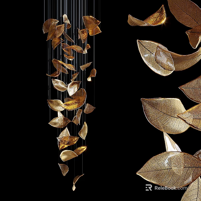Golden Leaf Decorative Chandelier with Multiple Hanging Leaves Against Black Background 3d model 