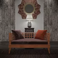 Wooden Frame Single Sofa With Deep Purple And Orange Cushions Against Gray Wood Grain Wall