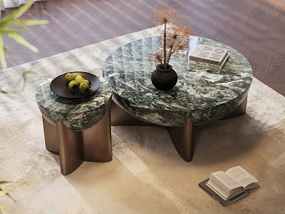 Modern Marble Top Coffee Table Set With Metal Base Decorative Vase And Books 3d model
