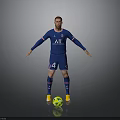 Man in PSG Soccer Jersey with Number 4 Standing on Gray Background and Yellow Ball