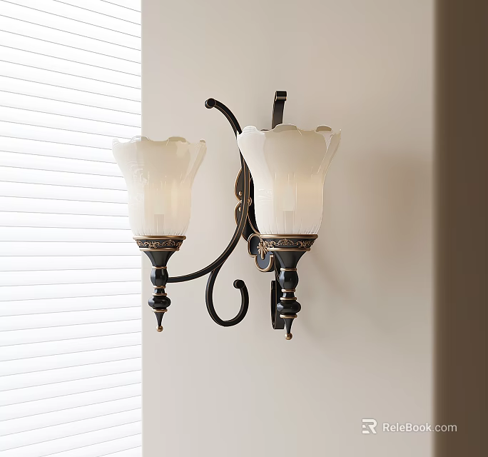Double Wall Sconce With White Glass Shades Black Decorative Frame Near Blinds On Light Wall 3d model 