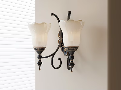 Double Wall Sconce With White Glass Shades Black Decorative Frame Near Blinds On Light Wall 3d model