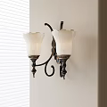 Double Wall Sconce With White Glass Shades Black Decorative Frame Near Blinds On Light Wall