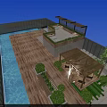 Rooftop Terrace Featuring Swimming Pool Wooden Flooring Green Plants And City Night View