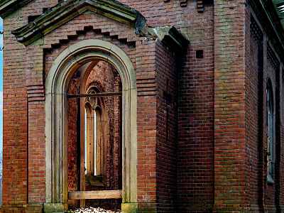Historic Red Brick Religious Sanctuary Featuring Arched Doorway And Architectural Details 3d model