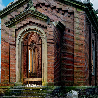 Historic Red Brick Religious Sanctuary Featuring Arched Doorway And Architectural Details 3d model
