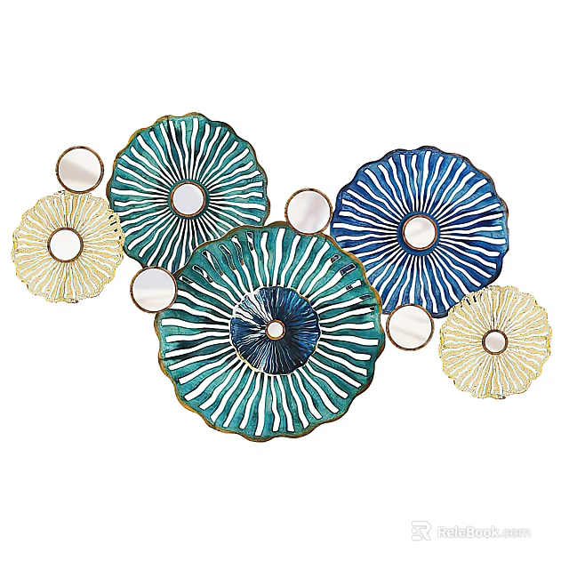 Flower Shaped Teal Yellow Wall Decor With White Circular Mirrors And Radiating Patterns 3d model