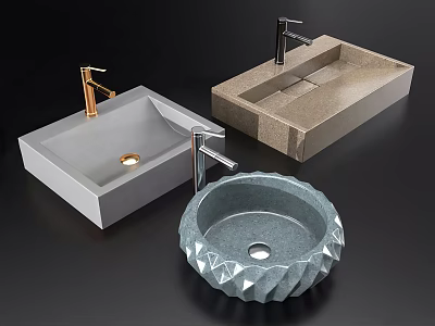 Three Modern Stone Washbasins in Different Shapes with Golden and Silver Faucets 3d model