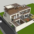 Modern Detached Villa Exterior With White Walls Wooden Roof Terrace And Lawn
