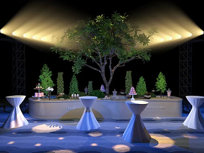 Elegant Tea Break Area With Central Tree Decorative Plants And Round Tables 3d model