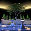 Elegant Tea Break Area With Central Tree Decorative Plants And Round Tables 3d model