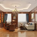Classic Office Interior Featuring Wooden Paneling Chandelier Sofa Desk And Rug