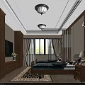 Cozy Bedroom Interior With Double Bed Wooden Furniture Ceiling Lights Wall Sconces Curtains And Rug
