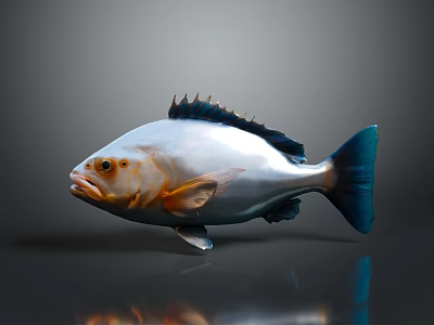 Silver Marine Fish With Spiky Dorsal Fin Blue Tail Orange Eyes On Smooth Reflective Surface 3d model
