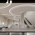 Modern Spacious Shopping Mall Lobby With Curved Ceiling Lights Stylish Escalator And Comfortable Rest Area