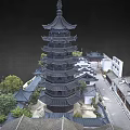 Traditional Chinese Ancient Architecture with Multi Tiered Tower Curved Roofs Surrounding Buildings and Green Trees