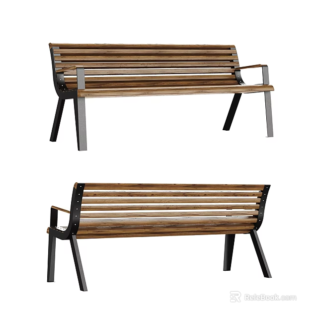 Outdoor Wooden Bench with Metal Legs and Slatted Design for Garden Patio Use 3d model 