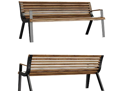 Outdoor Wooden Bench with Metal Legs and Slatted Design for Garden Patio Use 3d model