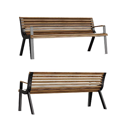 Outdoor Wooden Bench with Metal Legs and Slatted Design for Garden Patio Use 3d model