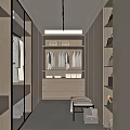 Modern Walk in Closet With Hanging Clothes Wooden Cabinets Drawers Baskets And Bench
