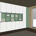 Modern Room Interior With White Cabinets Green Open Shelves Books And Window