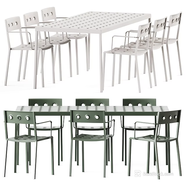 Modern White And Green Dining Table Set With Perforated Design Chairs 3d model