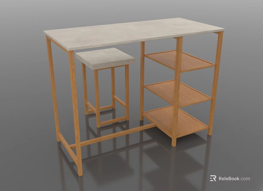 Wooden Frame Console Table With Light Colored Top Matching Stool And Multiple Shelves 3d model 