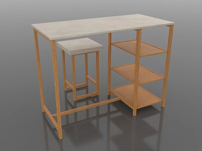 Wooden Frame Console Table With Light Colored Top Matching Stool And Multiple Shelves 3d model