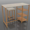 Wooden Frame Console Table With Light Colored Top Matching Stool And Multiple Shelves 3d model