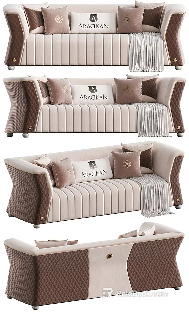 Modern Luxury Sofa With Striped Upholstery And Pillows 3d model 