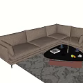 Comfortable Brown Sectional Sofa With Coffee Table Magazines Fruits And Patterned Rug 3d model