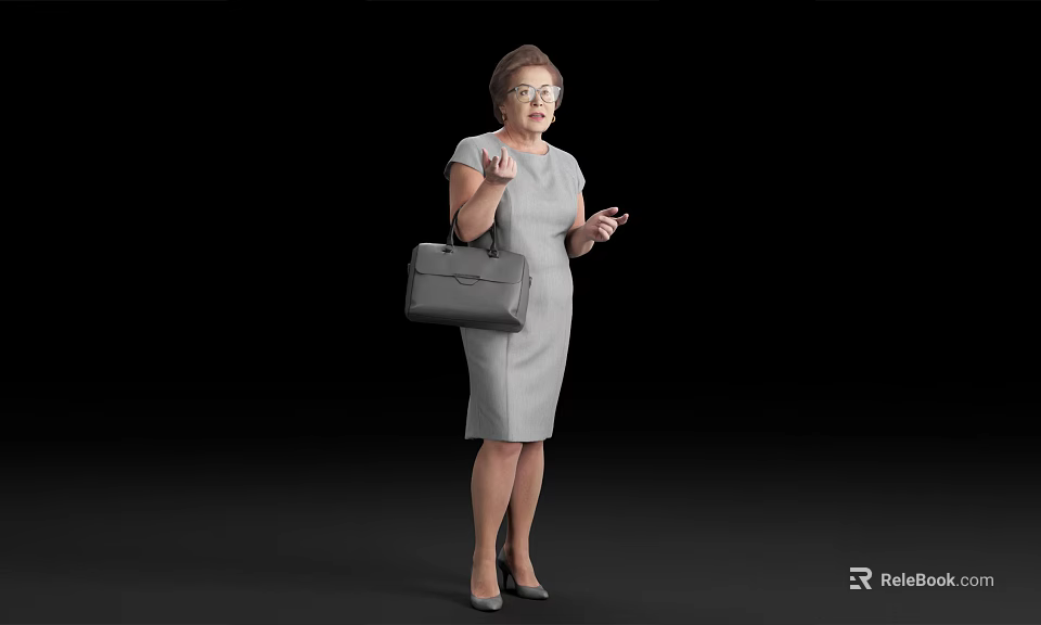 Elderly Woman Wearing Gray Dress Holding Gray Handbag With Glasses Gesturing Against Black Background 3d model 