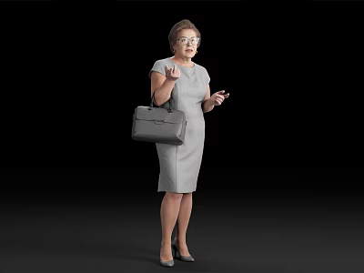 Elderly Woman Wearing Gray Dress Holding Gray Handbag With Glasses Gesturing Against Black Background 3d model