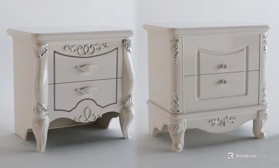 White Classic Nightstand with Ornate Carved Details and Two Drawers Design for Bedroom Decor 3d model 