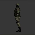 Tactical Soldier In Camouflage Uniform With Helmet Vest And Knee Pads Standing On Gray Background