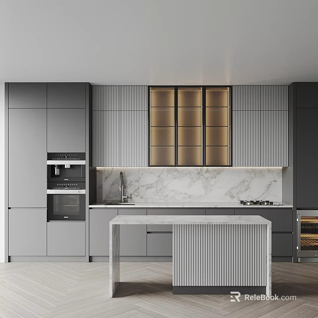 Modern Kitchen With Sleek Cabinets Marble Backsplash Island And Appliances 3d model 