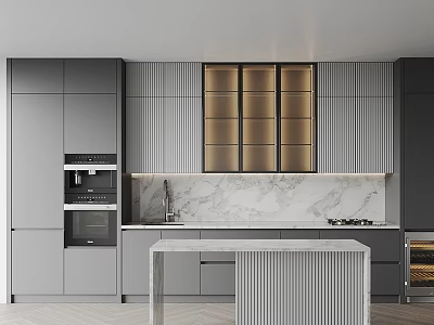 Modern Kitchen With Sleek Cabinets Marble Backsplash Island And Appliances 3d model