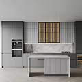 Modern Kitchen With Sleek Cabinets Marble Backsplash Island And Appliances