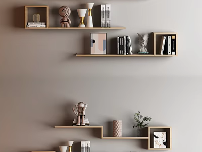 Modern Wooden Wall Cabinets With Books Decorative Sculptures And Plants On Light Gray Wall 3d model