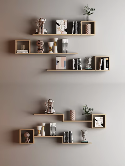 Modern Wooden Wall Cabinets With Books Decorative Sculptures And Plants On Light Gray Wall 3d model