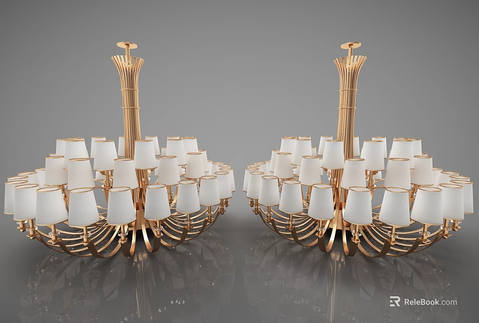 Two Golden Chandeliers With White Lampshades And Elegant Modern Design 3d model 
