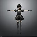 Child 3D Model in Stylish Black Dress with Gloves and Knee High Socks Arms Outstretched on Gray Background