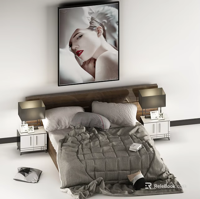 Modern Double Bed with Cozy Quilt Bedside Tables Table Lamps and Wall Artwork 3d model 