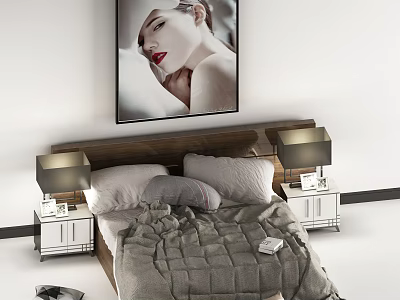 Modern Double Bed with Cozy Quilt Bedside Tables Table Lamps and Wall Artwork 3d model