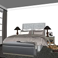 Elegant Double Bed with Gray Tufted Headboard Nightstand Lamps Dressing Table and Mirror