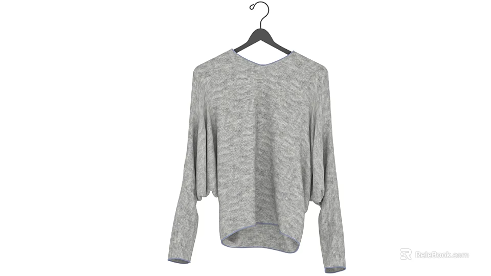 Gray Knitted Loose Fit Long Sleeve Sweater Hanging On Black Hanger 3d model 